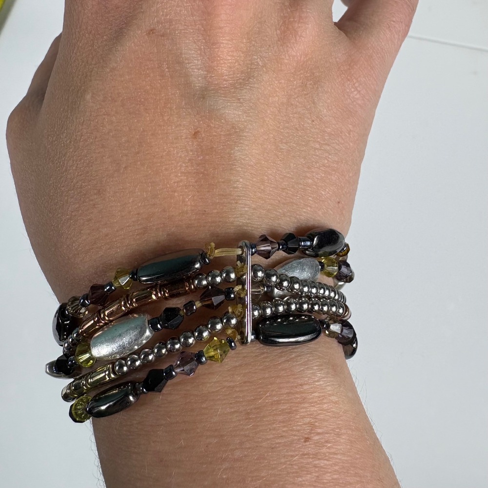 Multi Strand Beaded Stretch Bracelet Stack Boho Mixed Metal Neutral
